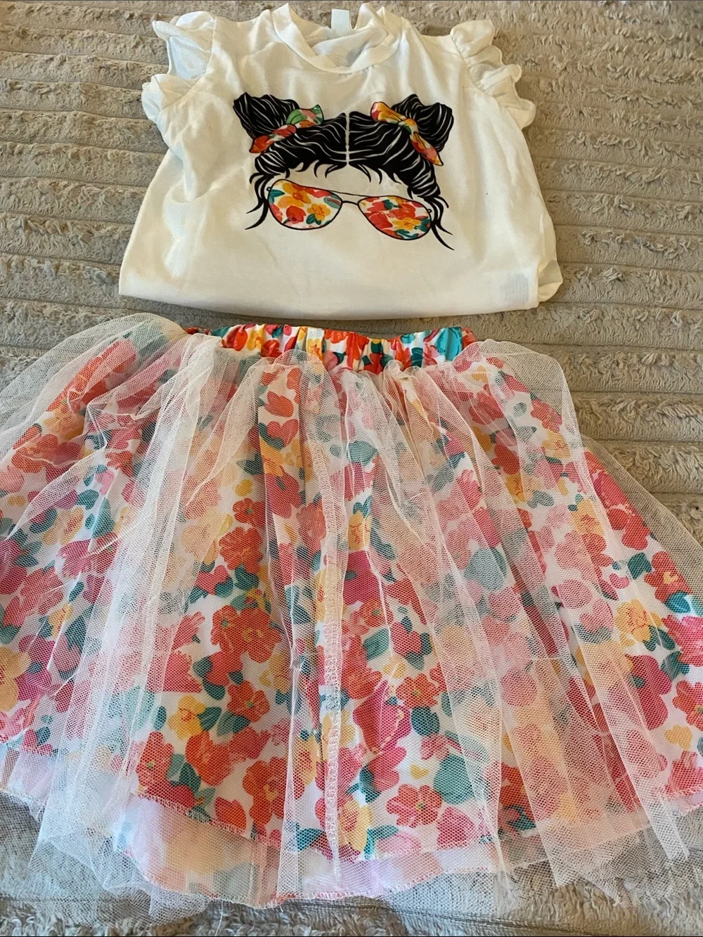 NWOT, White Floral Tulle Skirt Set for Girls - White Top & Floral Skirt